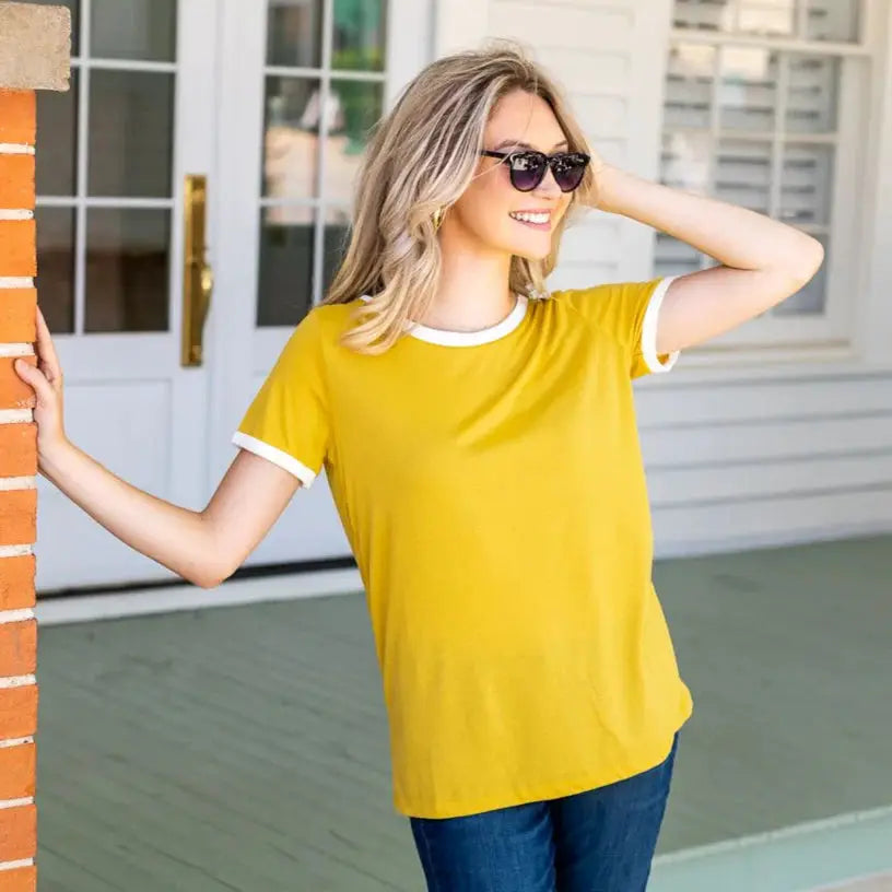 Grace & Emma Trim It Down Short Sleeve Ringer Tee - Mustard with White Trim - T-Shirts