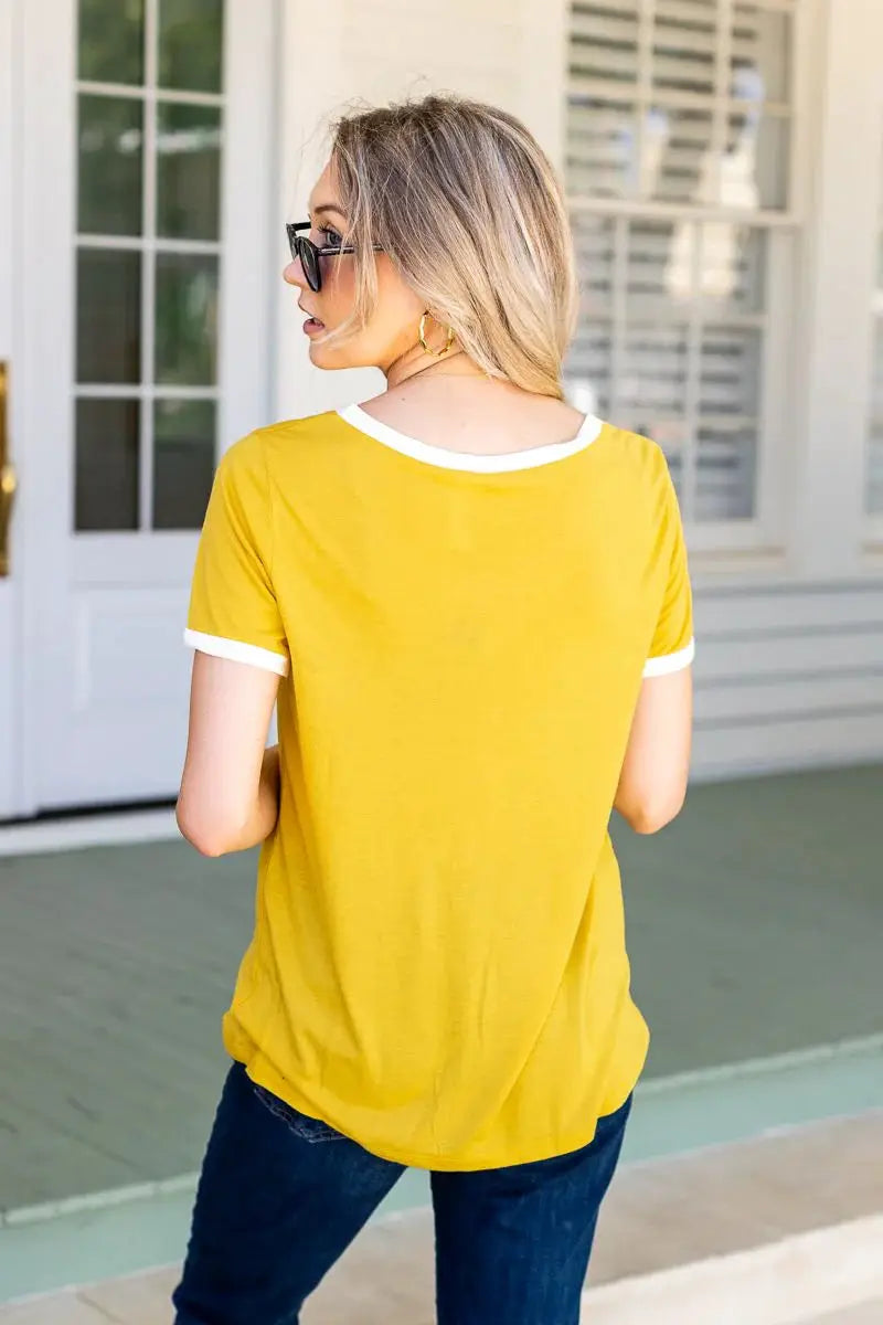 Grace & Emma Trim It Down Short Sleeve Ringer Tee - Mustard with White Trim - T-Shirts