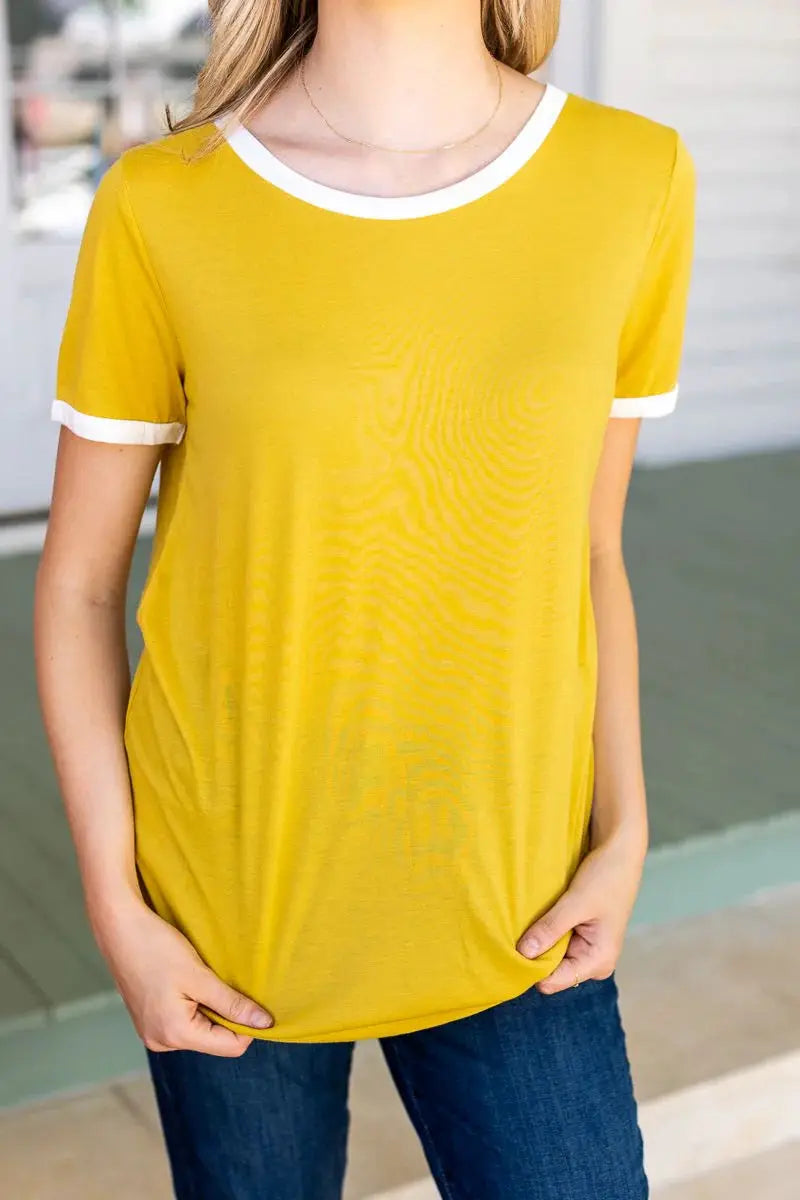 Grace & Emma Trim It Down Short Sleeve Ringer Tee - Mustard with White Trim - T-Shirts