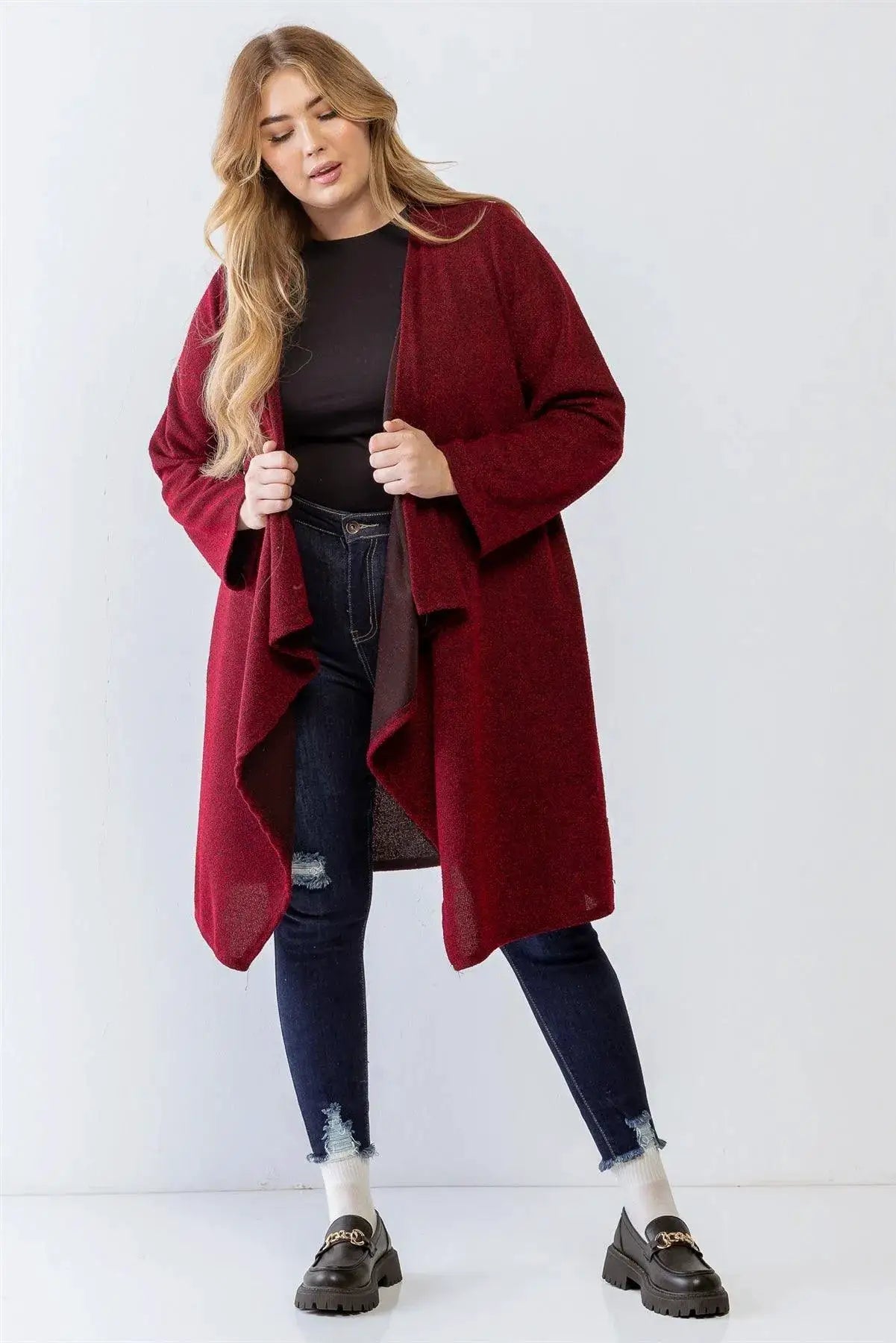 Janette Plus Plus Size Wine Asymmetrical Relaxed Fit Cardigan - Cardigans