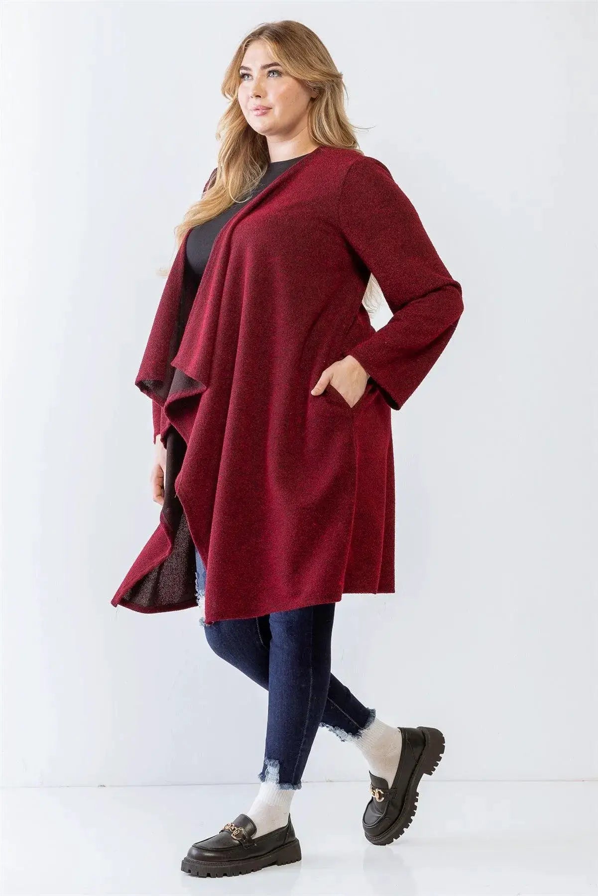 Janette Plus Plus Size Wine Asymmetrical Relaxed Fit Cardigan - Cardigans