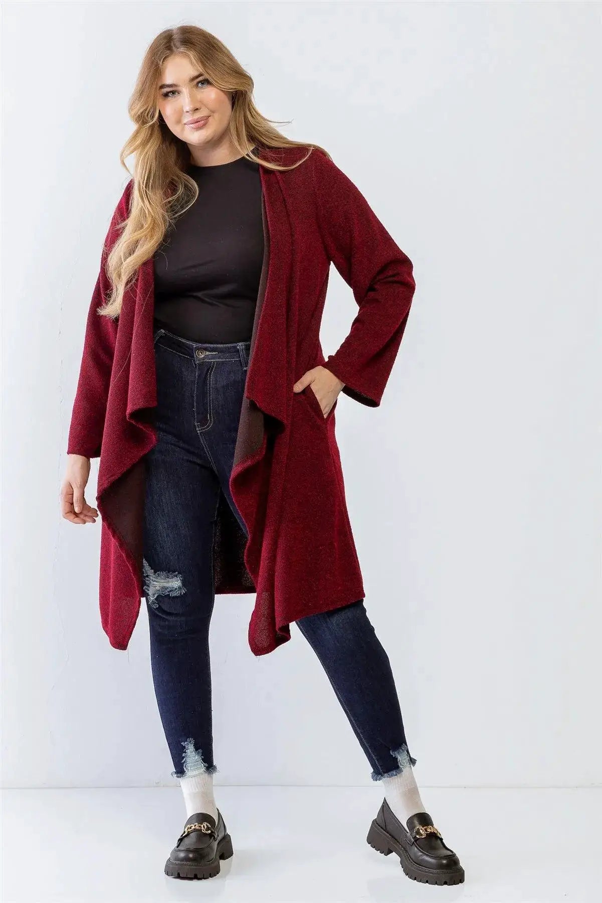 Janette Plus Plus Size Wine Asymmetrical Relaxed Fit Cardigan - Cardigans