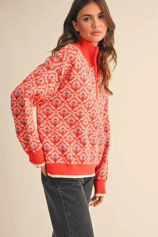 &MERCI &merci - Amber Glow Floral Half-Zip Mock Neck Pullover - Sweaters
