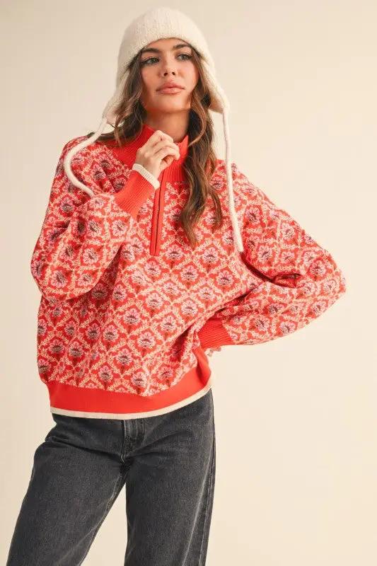 &MERCI &merci - Amber Glow Floral Half-Zip Mock Neck Pullover - Sweaters