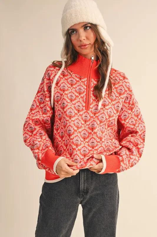 &MERCI &merci - Amber Glow Floral Half-Zip Mock Neck Pullover - Sweaters