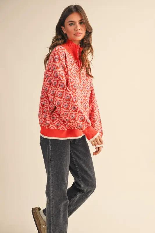 &MERCI &merci - Amber Glow Floral Half-Zip Mock Neck Pullover - Sweaters