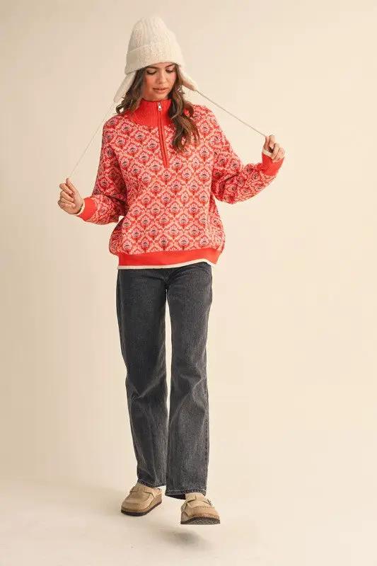 &MERCI &merci - Amber Glow Floral Half-Zip Mock Neck Pullover - Sweaters