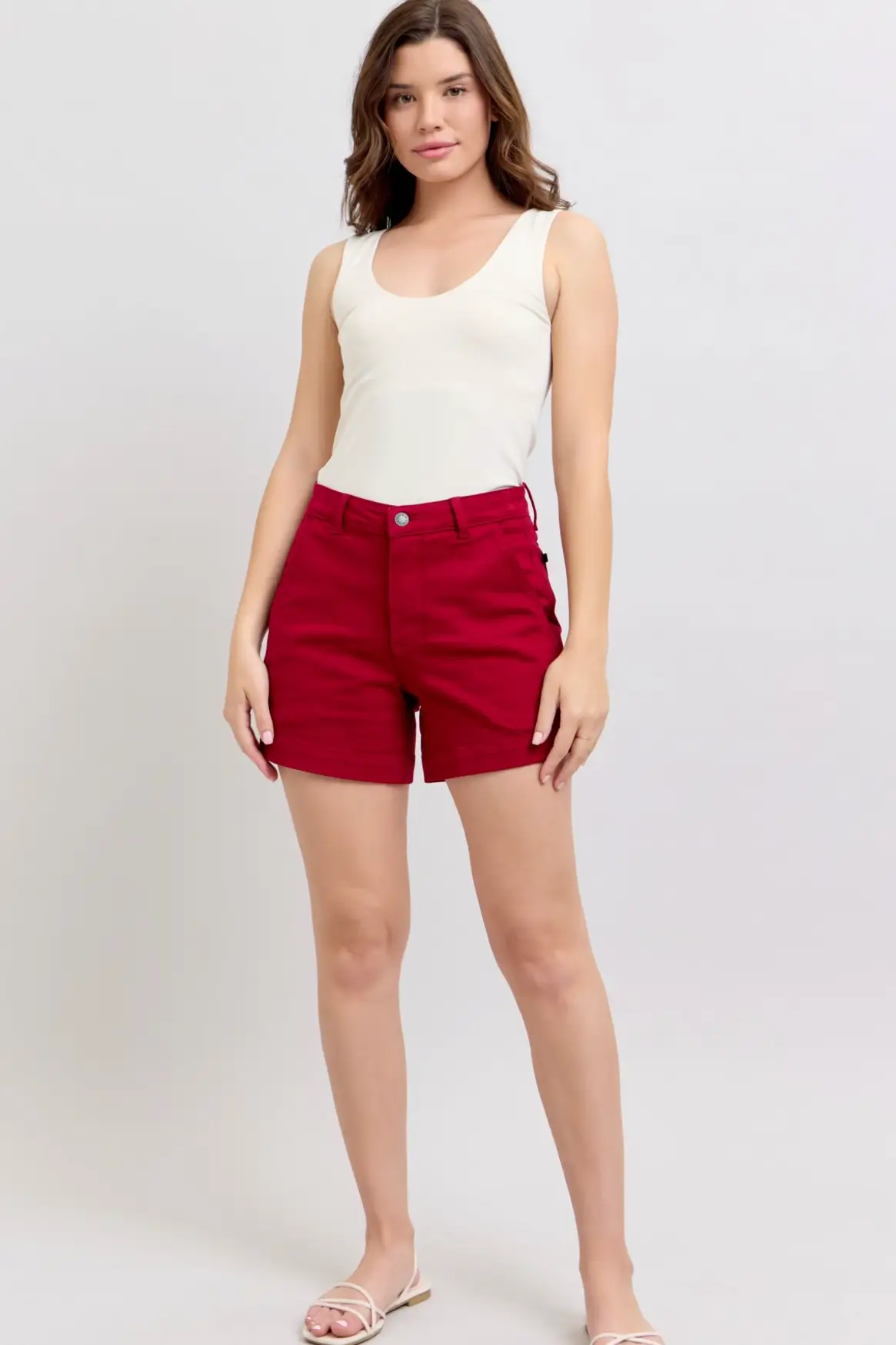 Judy Blue The Heart Pocket Scarlet Red Tummy Control Shorts - Shorts Judy Blue High Waisted Tummy Control Garment Dyed Heart Shaped Pocket Scarlet Trouser Shorts