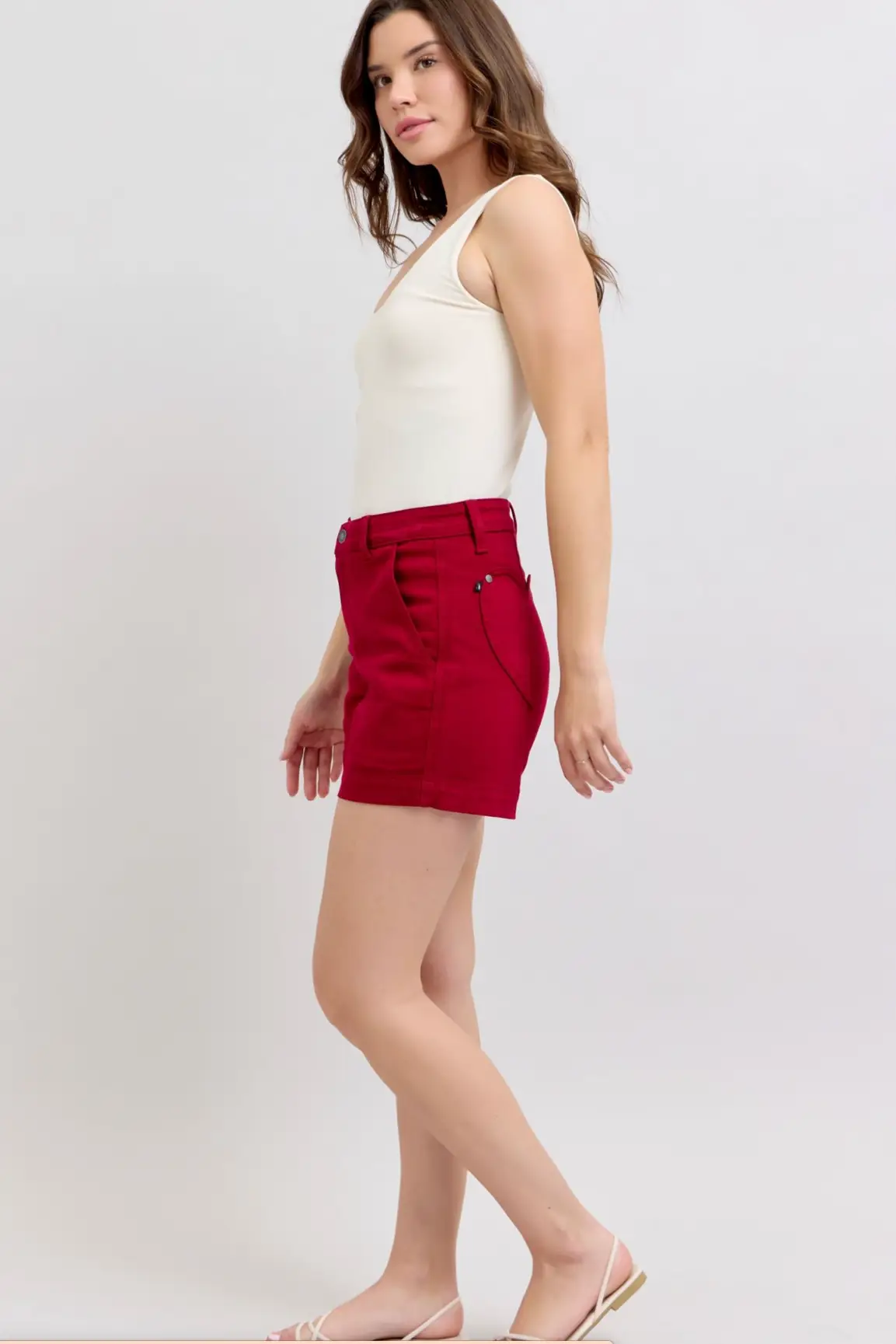 Judy Blue The Heart Pocket Scarlet Red Tummy Control Shorts - Shorts Judy Blue High Waisted Tummy Control Garment Dyed Heart Shaped Pocket Scarlet Trouser Shorts