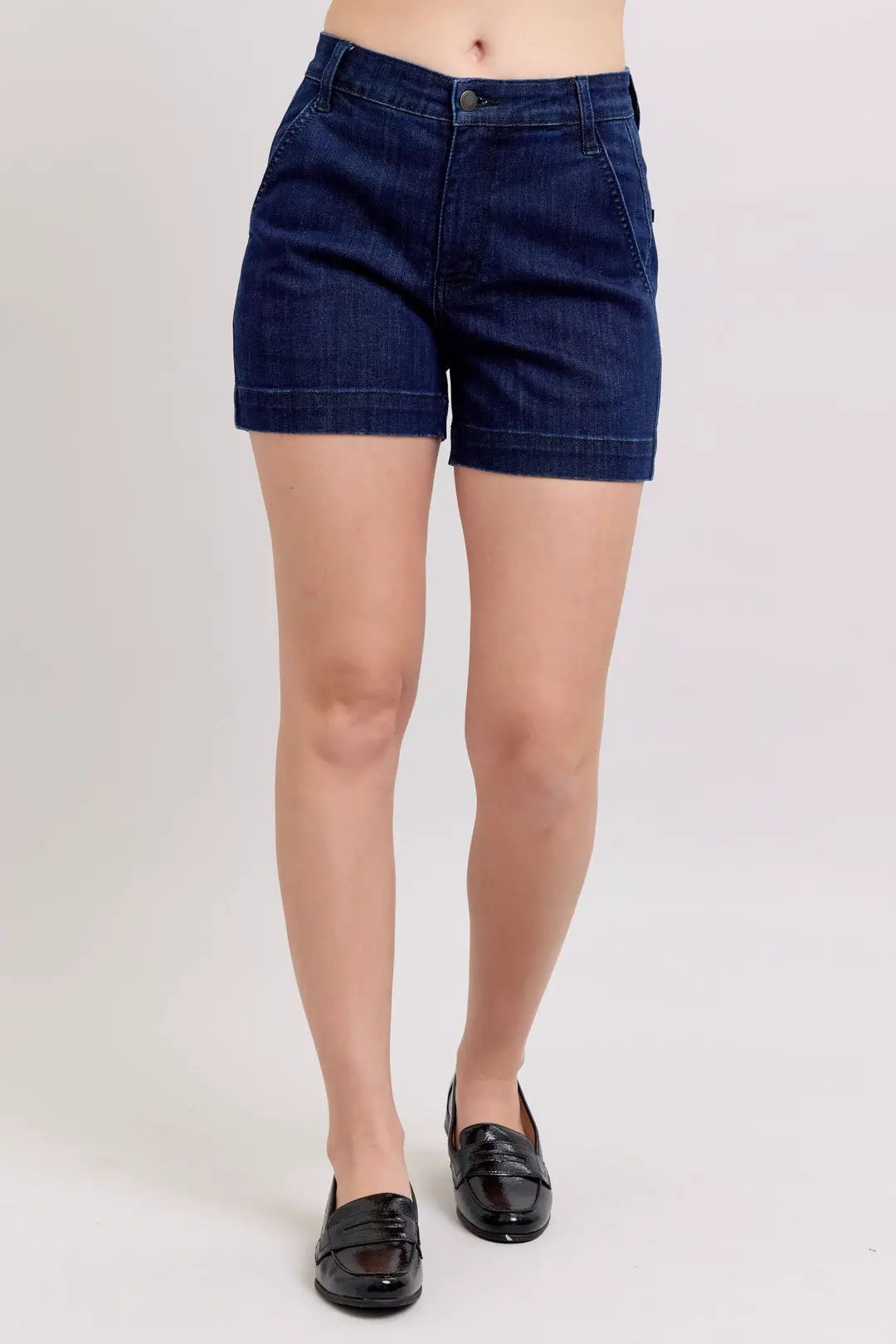 Judy Blue The High Waist Tummy Control Dark Denim Trouser Shorts - Denim Shorts Judy Blue Trouser Shorts