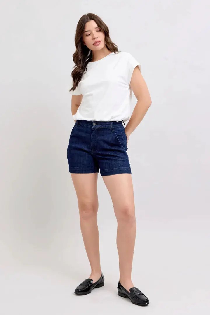 Judy Blue The High Waist Tummy Control Dark Denim Trouser Shorts - Denim Shorts Judy Blue Trouser Shorts