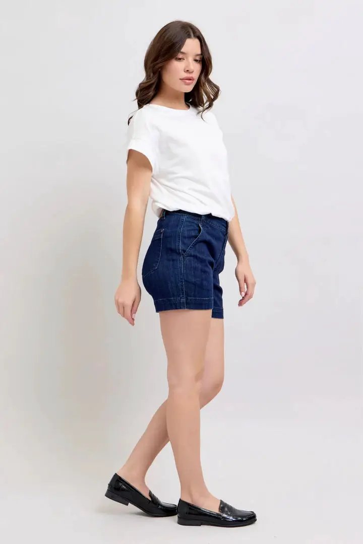 Judy Blue The High Waist Tummy Control Dark Denim Trouser Shorts - Denim Shorts Judy Blue Trouser Shorts