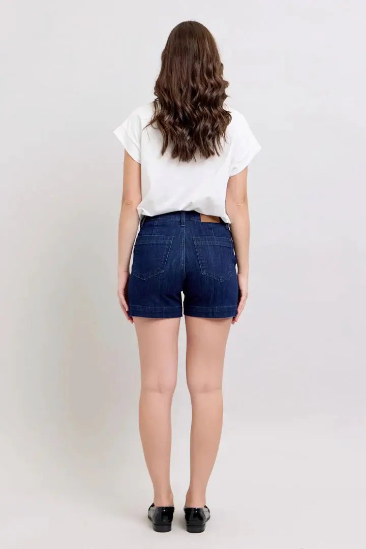 Judy Blue The High Waist Tummy Control Dark Denim Trouser Shorts - Denim Shorts Judy Blue Trouser Shorts