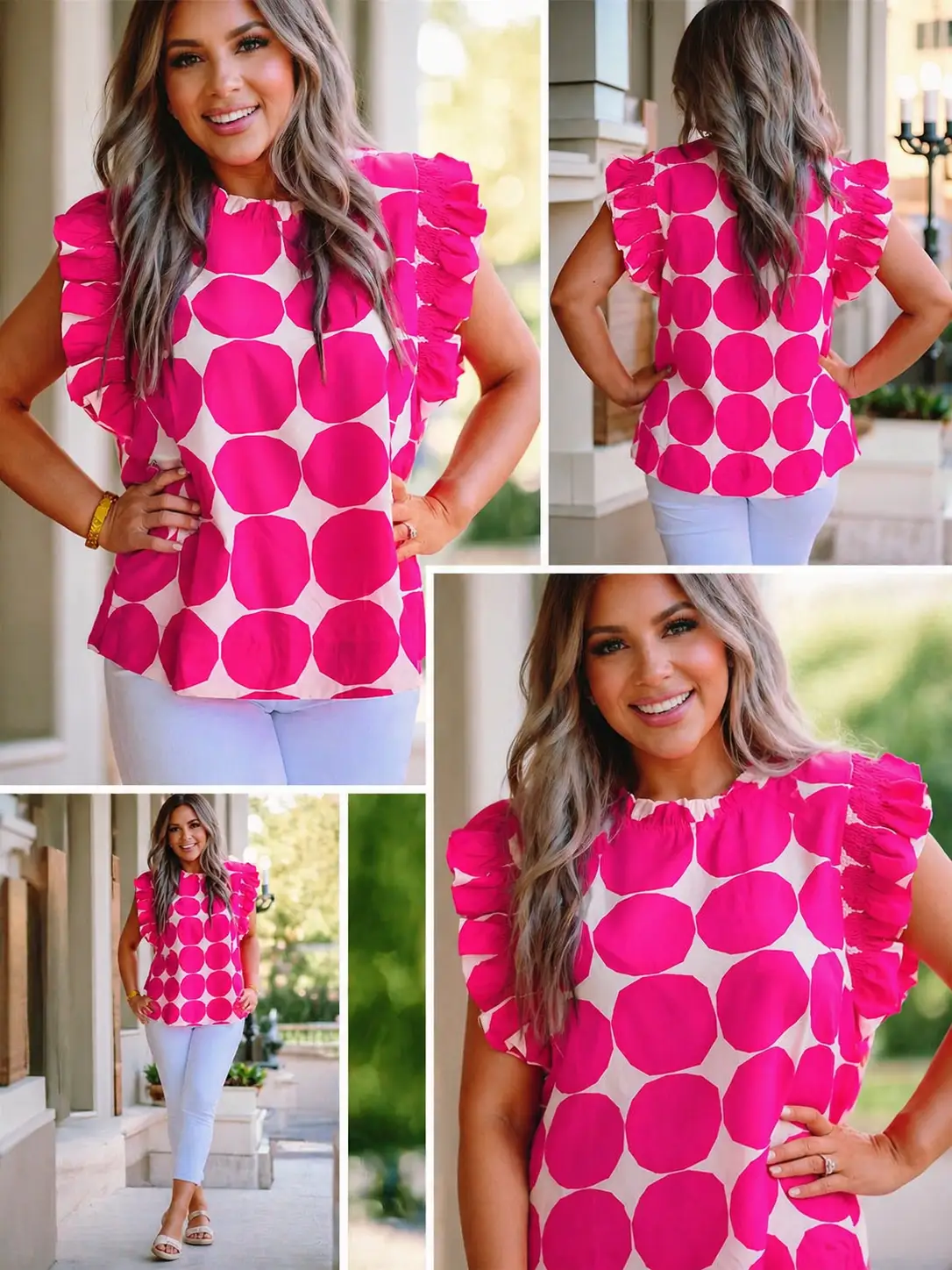 1 the Woman Bubblegum Pattern Frilled Collar Flutter Sleeve Top - Clothing Tops Bubblegum Pattern Frilled Collar Flutter Sleeve Top