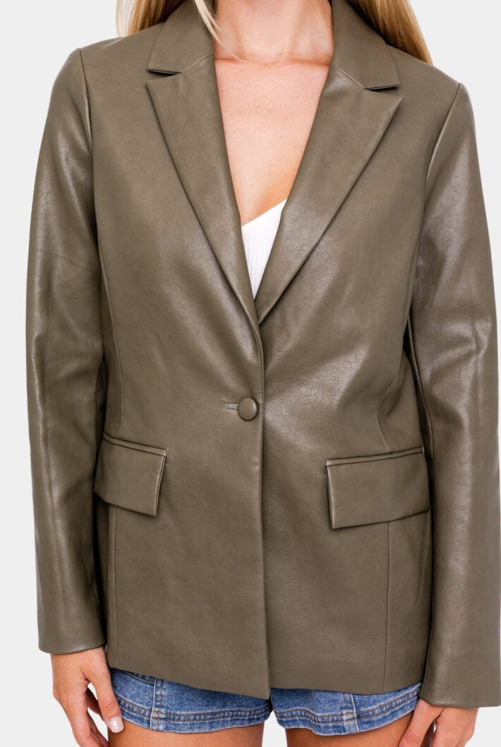 Olive green faux leather blazer jacket.