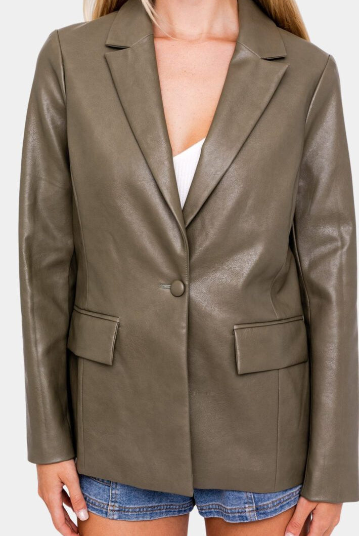 Olive green faux leather blazer jacket.