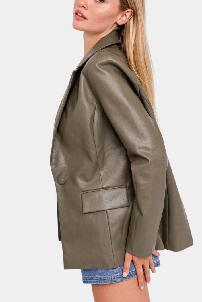 Olive green faux leather blazer.