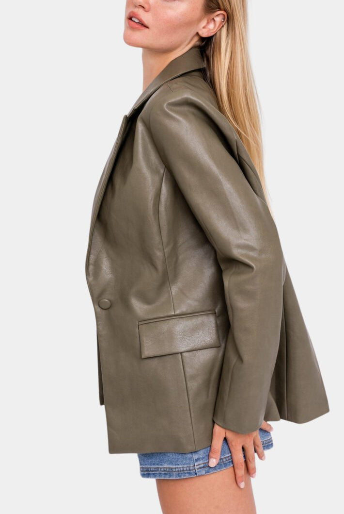 Olive green faux leather blazer.