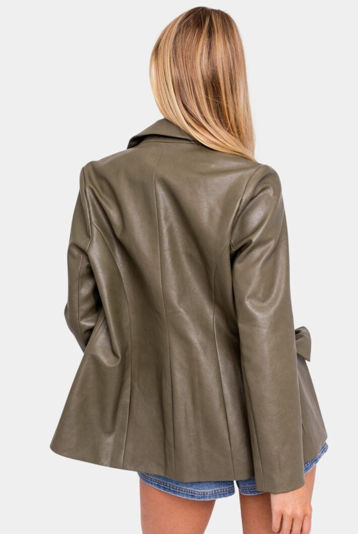 Olive green faux leather blazer, back view.