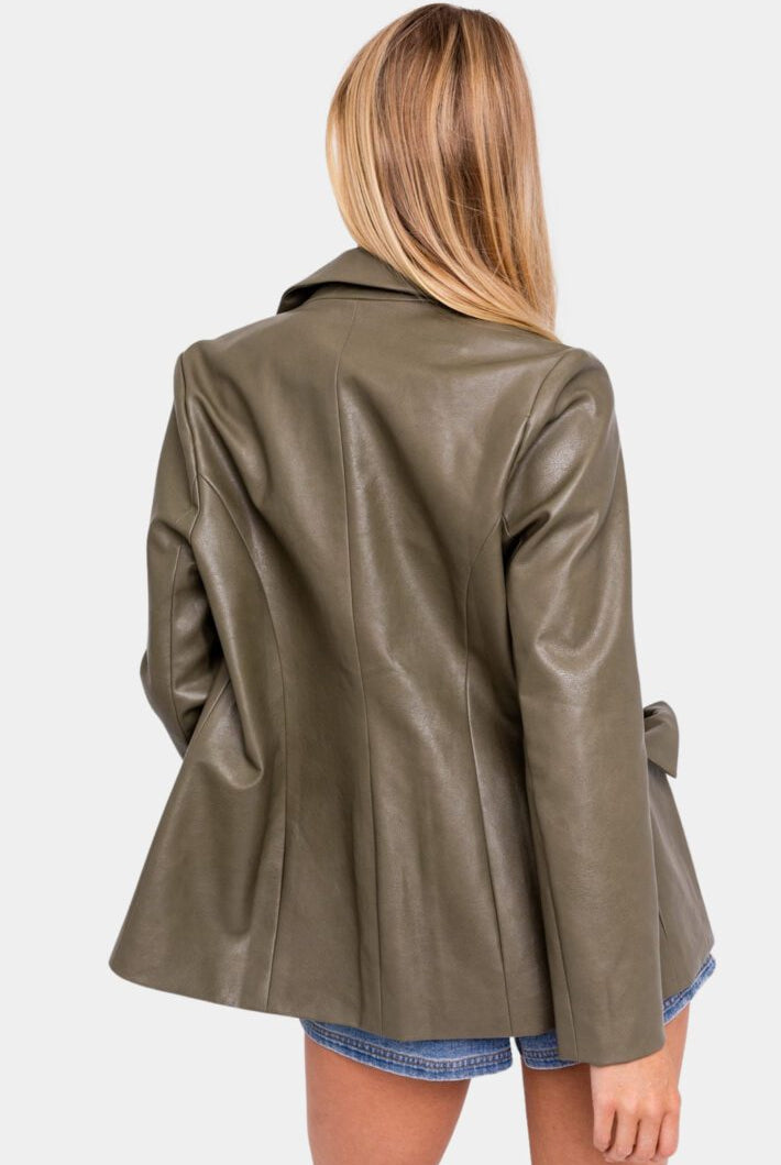 Olive green faux leather blazer, back view.