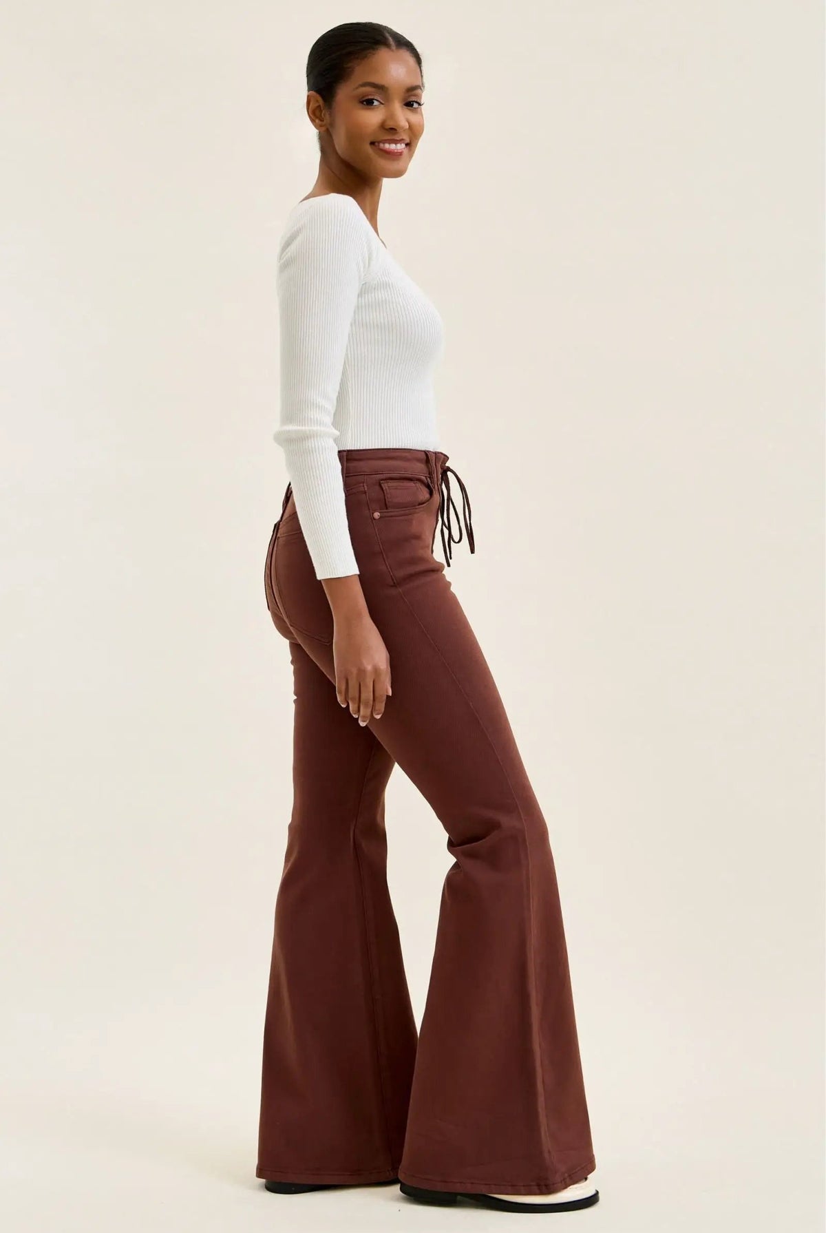 Judy Blue Jacqueline high-waist lace-up flare jeans in cocoa brown, side view