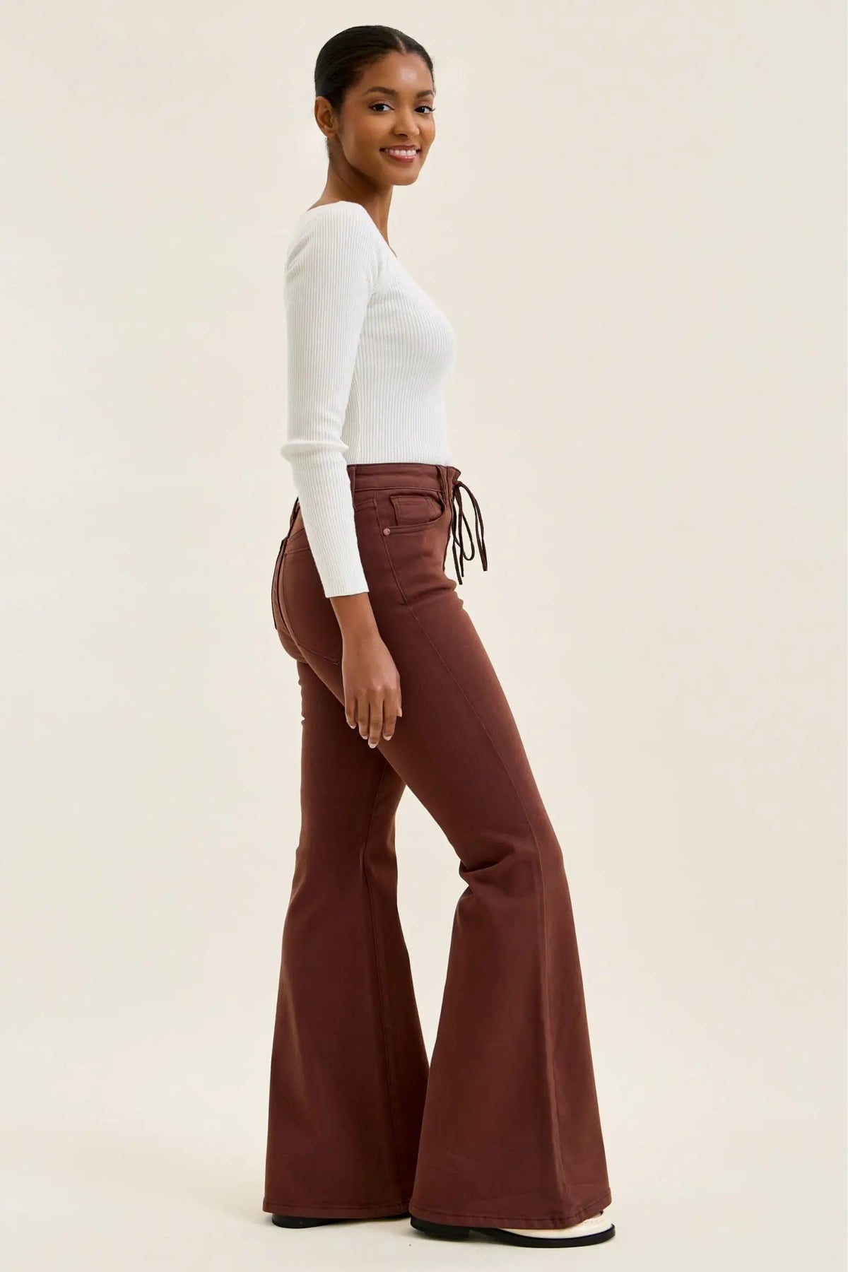 Judy Blue Jacqueline high-waist lace-up flare jeans in cocoa brown, side view