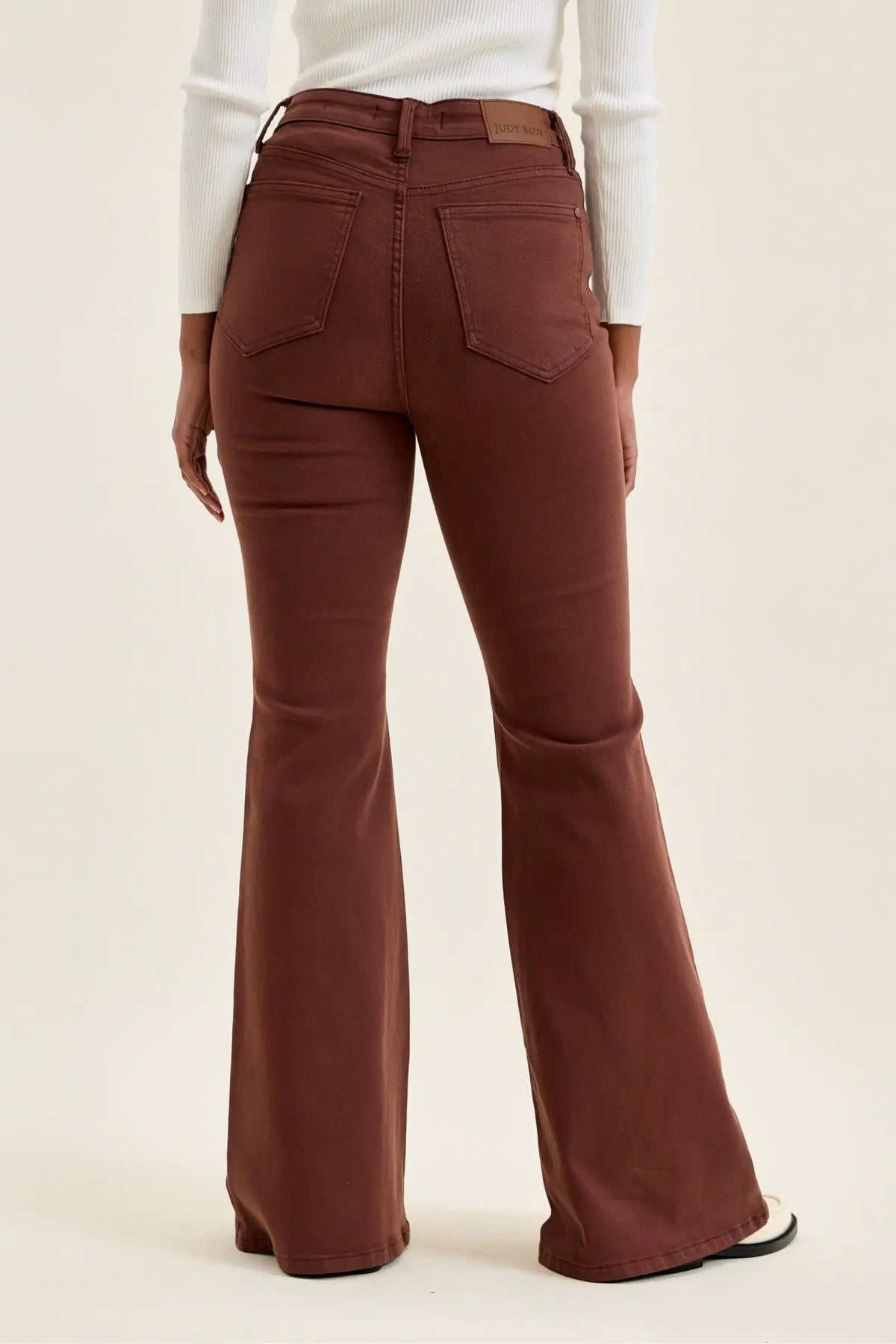 Judy Blue Jaqueline High-Waist Flare Jeans in Cocoa Brown, back view with pockets and logo patch.