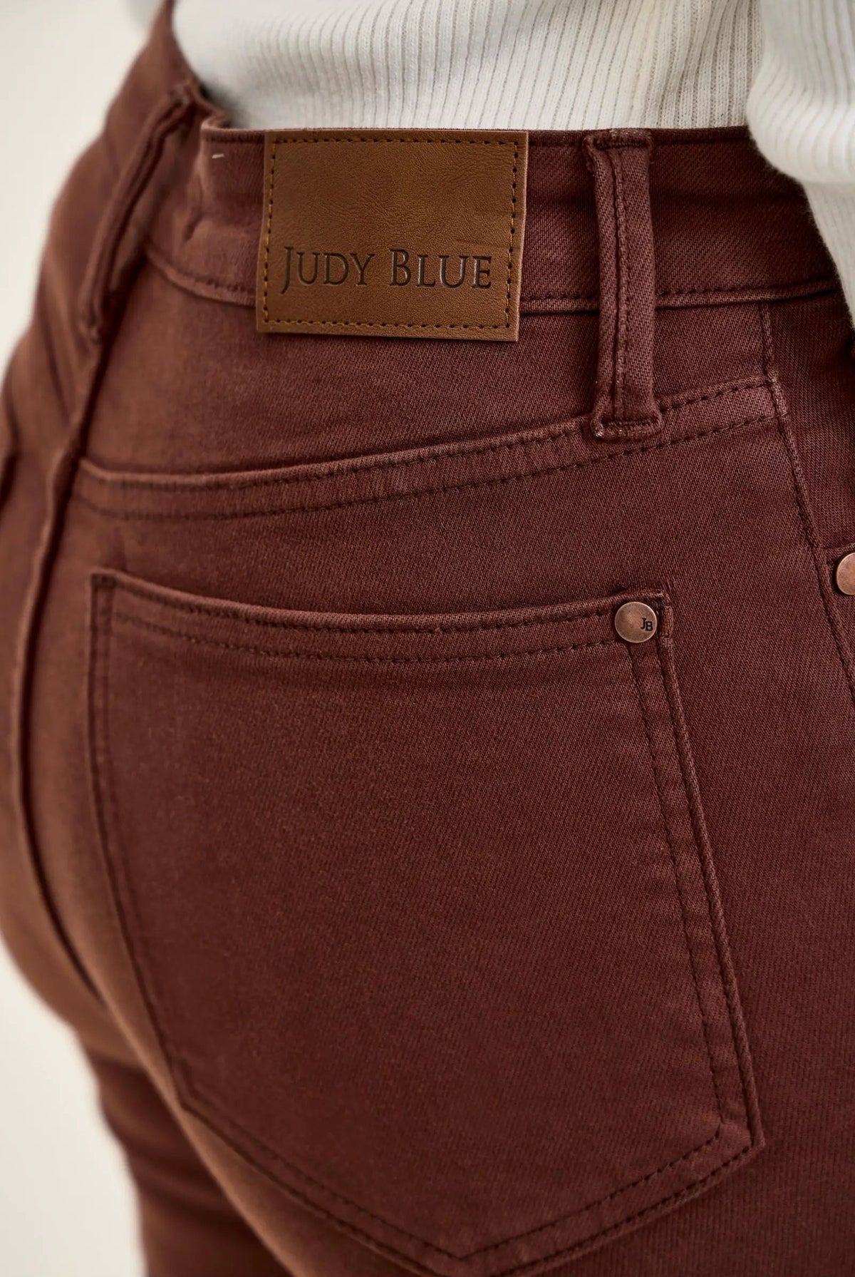 Judy Blue Jaqueline high-waist jeans in cocoa brown with leather logo patch on waistband