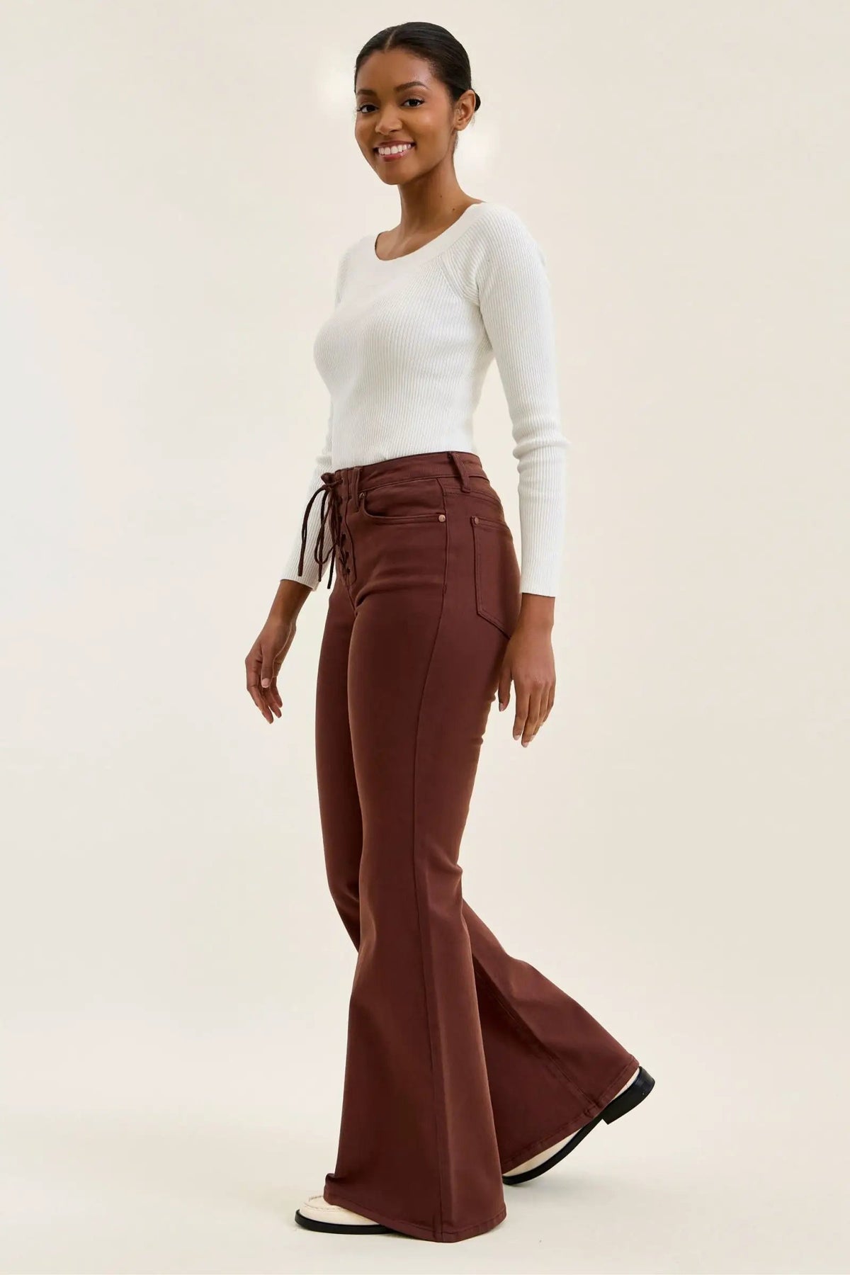 Judy Blue Jaqueline high-waist lace-up flare jeans in cocoa brown worn by model