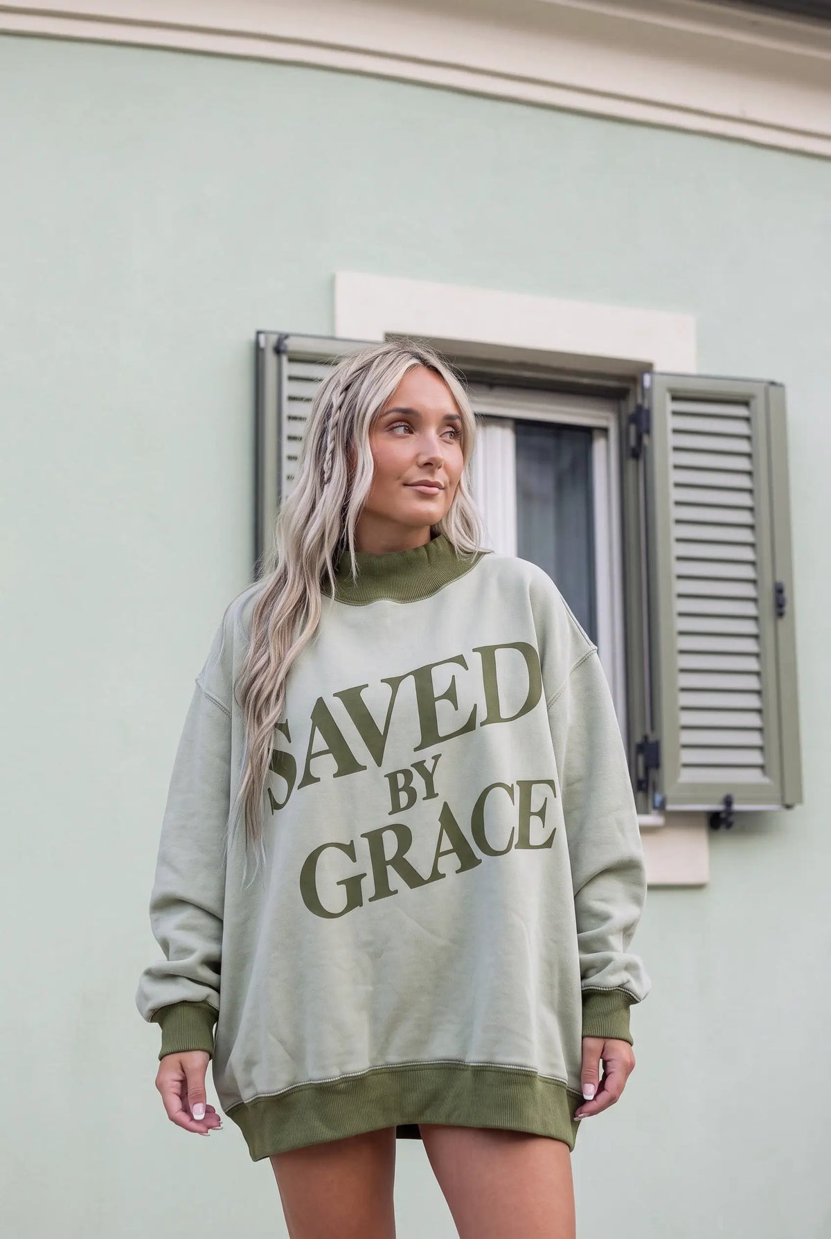 Laurel Green mock-neck oversized graphic sweatshirt by Grateful Threads Boutique featuring SAVED BY GRACE.