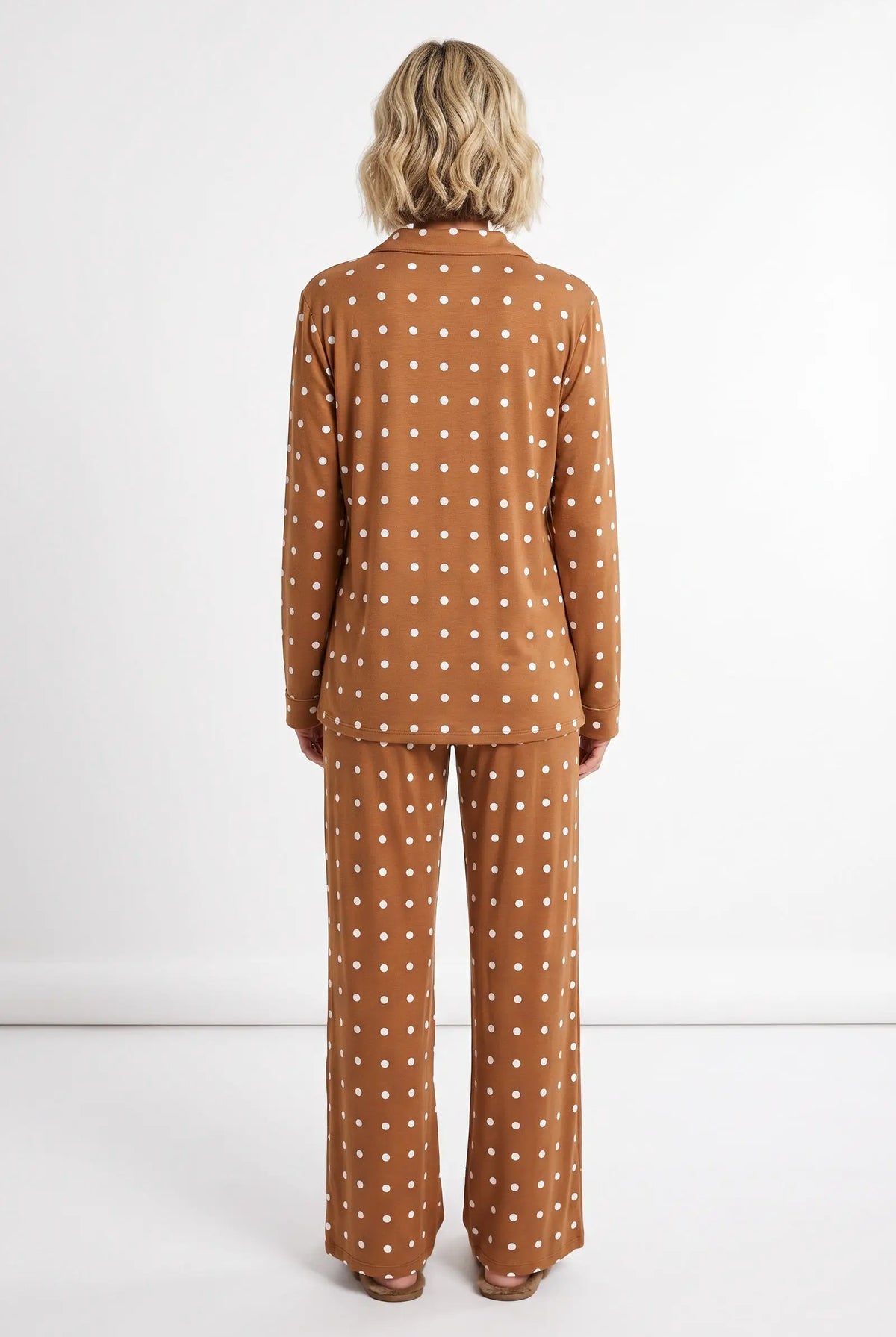 Sweet Southern Charm camel brown polka dot sleep set with long-sleeve top and pants by Grateful Threads Boutique