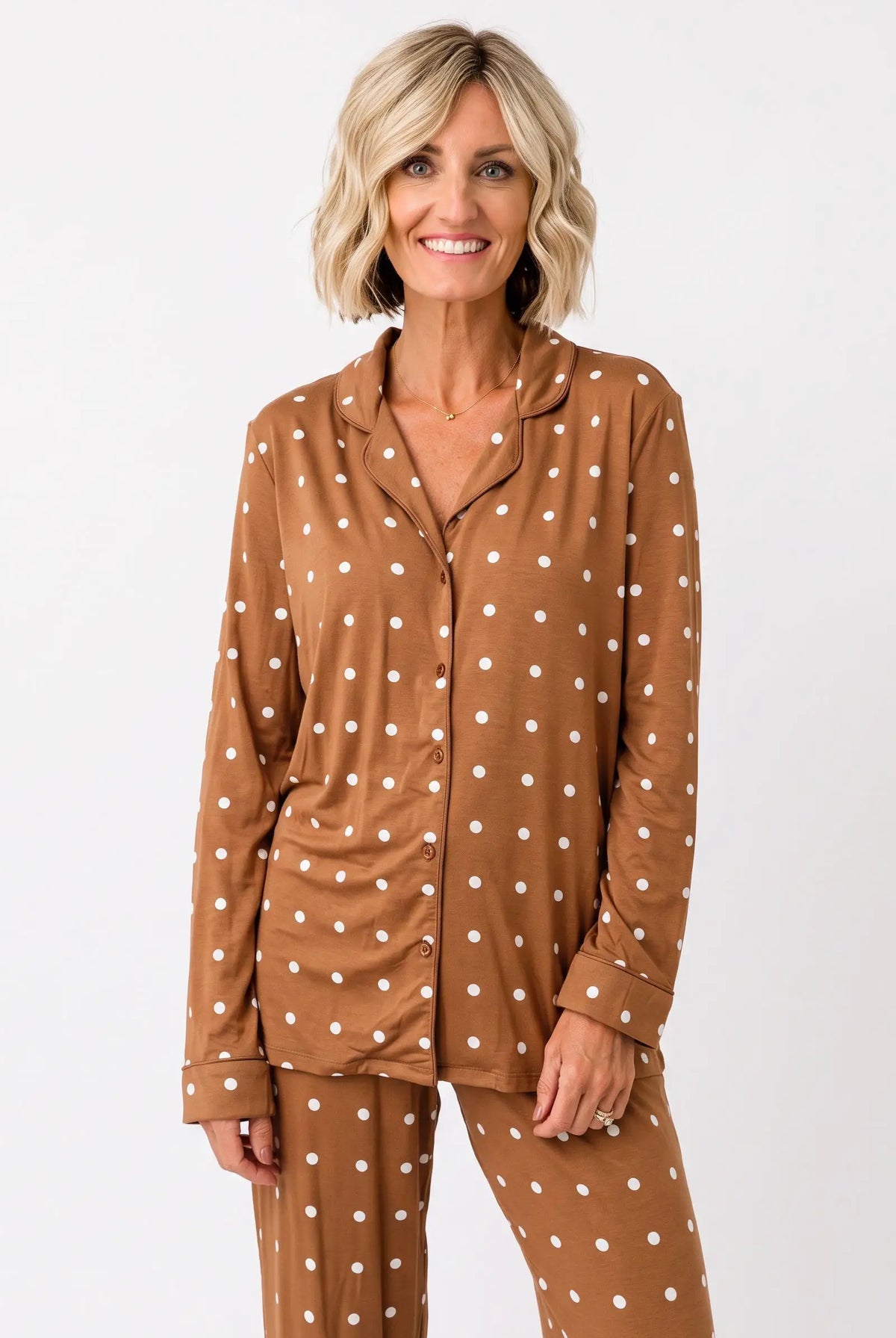 Sweet Southern Charm camel brown polka dot Sweet Sleep Set, two-piece loungewear by Grateful Threads Boutique