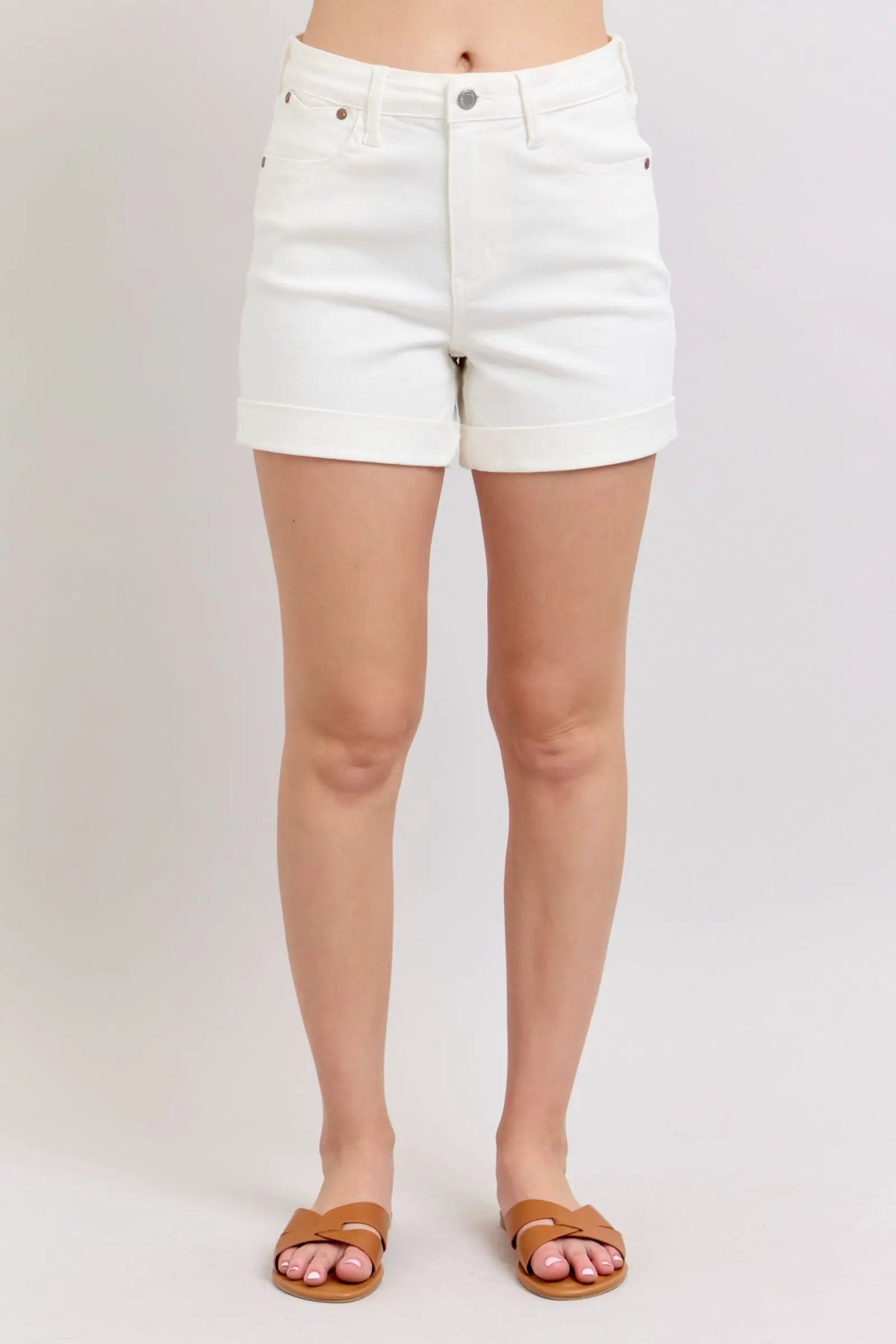 Judy Blue Judy Blue High Waisted Double Roll Cuff White Denim Shorts - Shorts Judy Blue High Waisted Double Roll Cuff White Denim Shorts