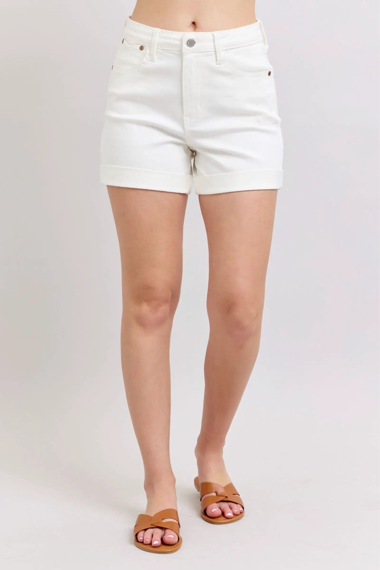Judy Blue Judy Blue High Waisted Double Roll Cuff White Denim Shorts - Shorts Judy Blue High Waisted Double Roll Cuff White Denim Shorts
