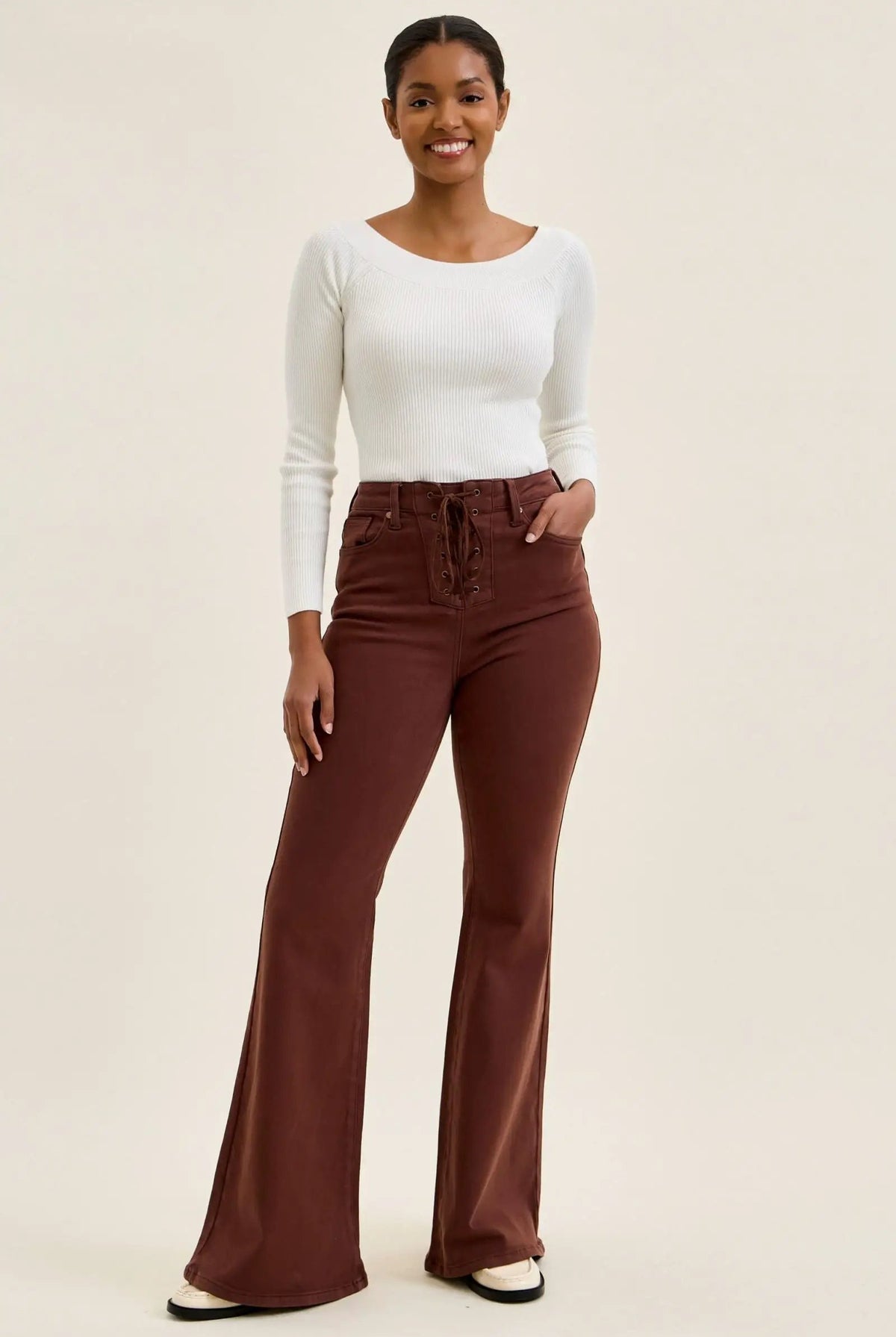 Judy Blue Jaqueline high-waist lace-up flare jeans in cocoa brown with front lace-up detail