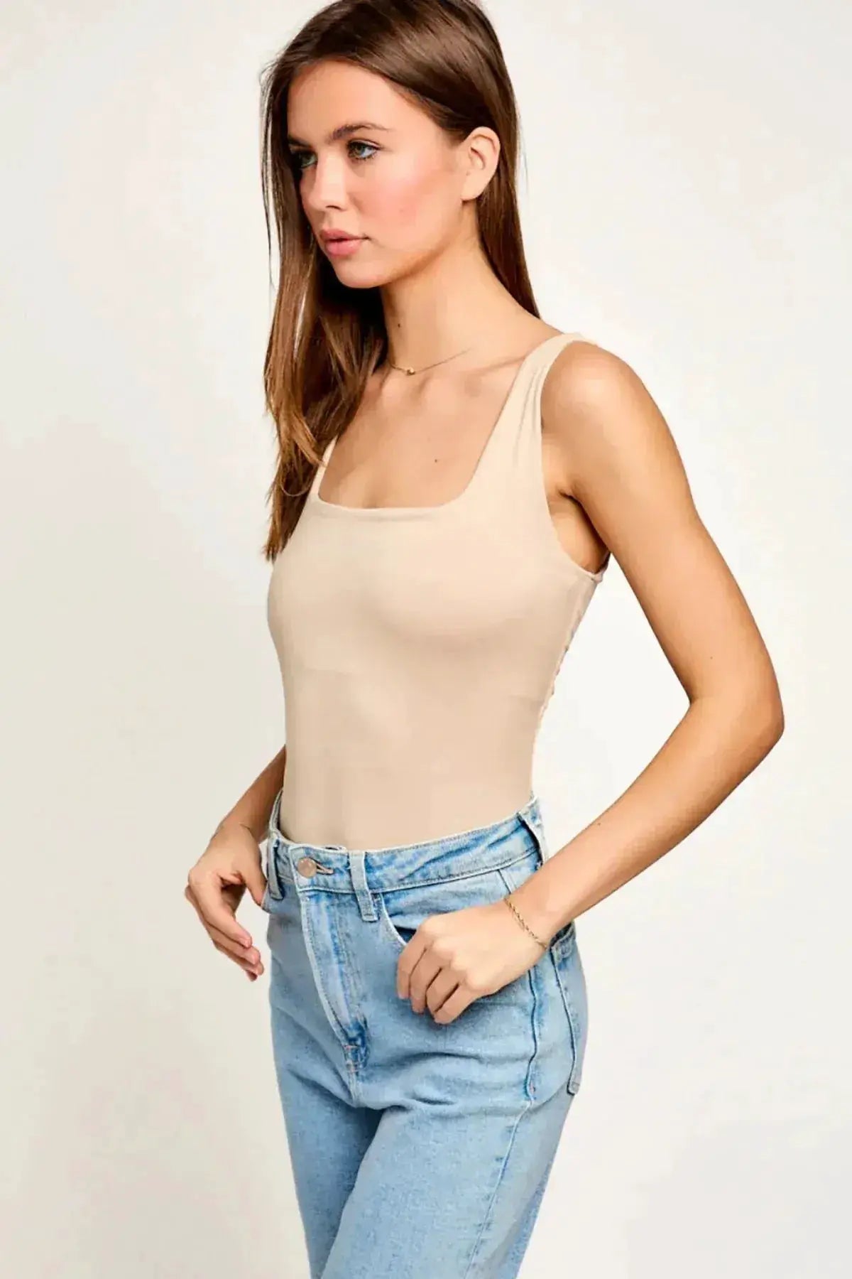 Le Lis LE LIS Square Neck Basic Essential Stretchy Bodysuit Tank Top - Bodysuits