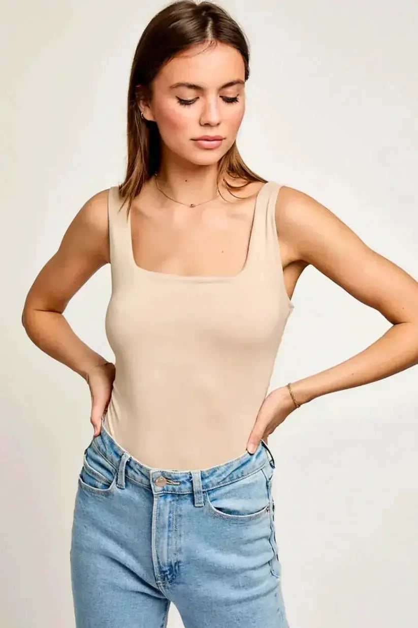 Le Lis LE LIS Square Neck Basic Essential Stretchy Bodysuit Tank Top - Bodysuits