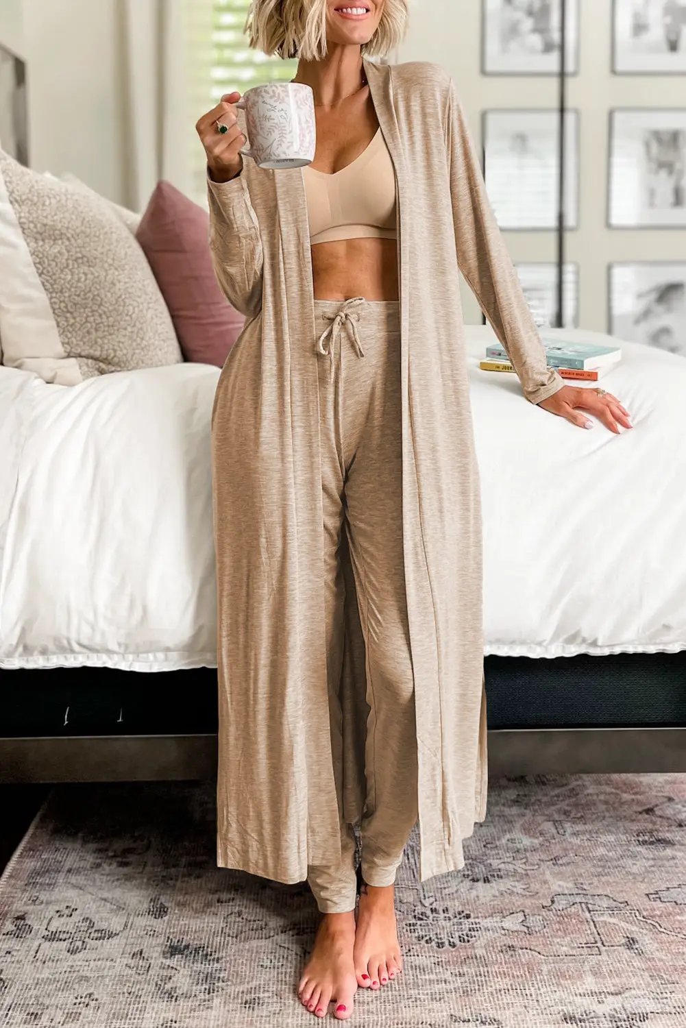 Grateful Threads Boutique Parchment Split Long Cardigan and Skinny Pants Lounge Set - Loungewear