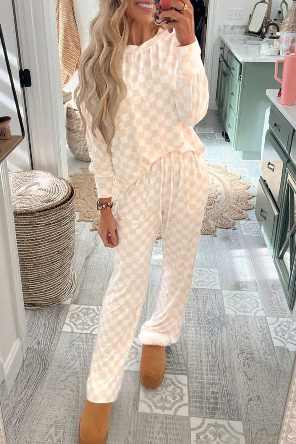 Grateful Threads Boutique Beige Checkered Print Top and Pants Lounge Set - Sleepwear & Loungewear