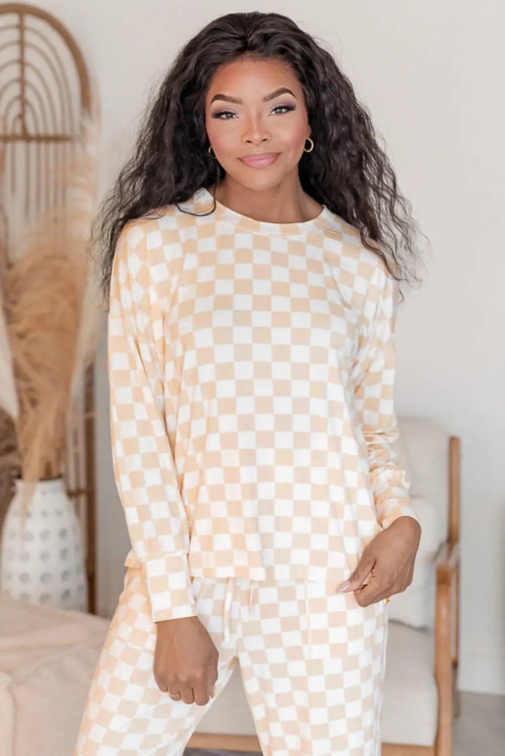 Grateful Threads Boutique Beige Checkered Print Top and Pants Lounge Set - Sleepwear & Loungewear