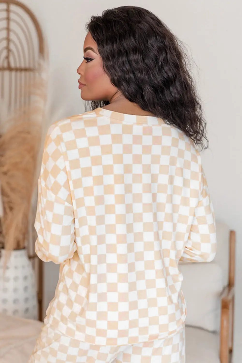 Grateful Threads Boutique Beige Checkered Print Top and Pants Lounge Set - Sleepwear & Loungewear