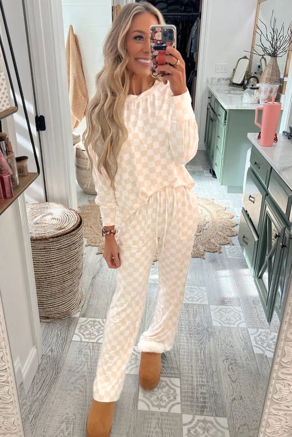 Grateful Threads Boutique Beige Checkered Print Top and Pants Lounge Set - Sleepwear & Loungewear