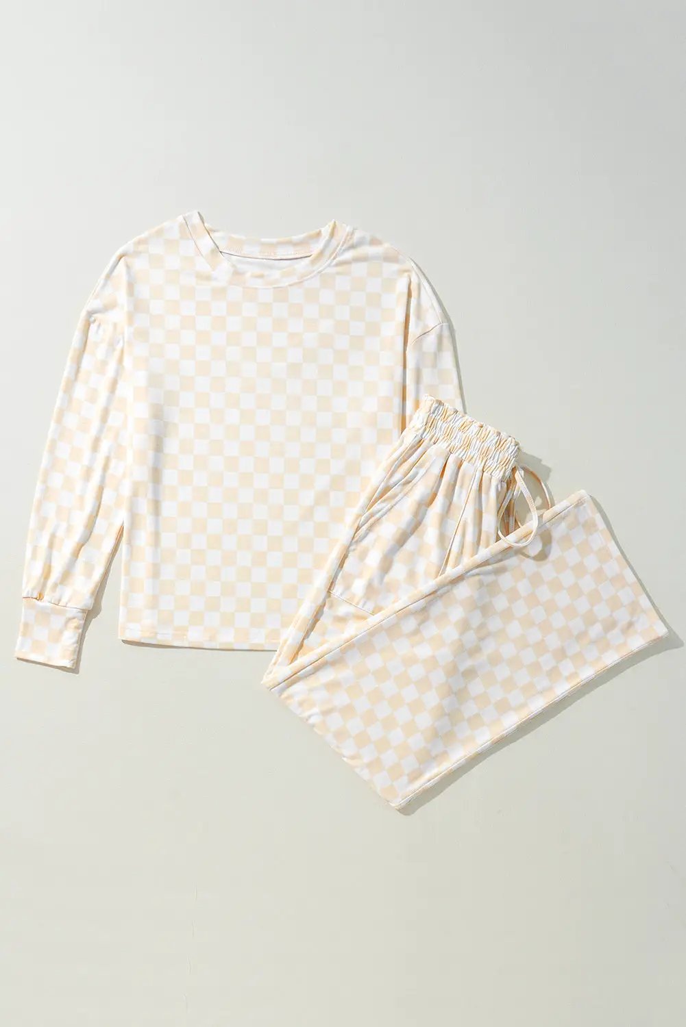 Grateful Threads Boutique Beige Checkered Print Top and Pants Lounge Set - Sleepwear & Loungewear