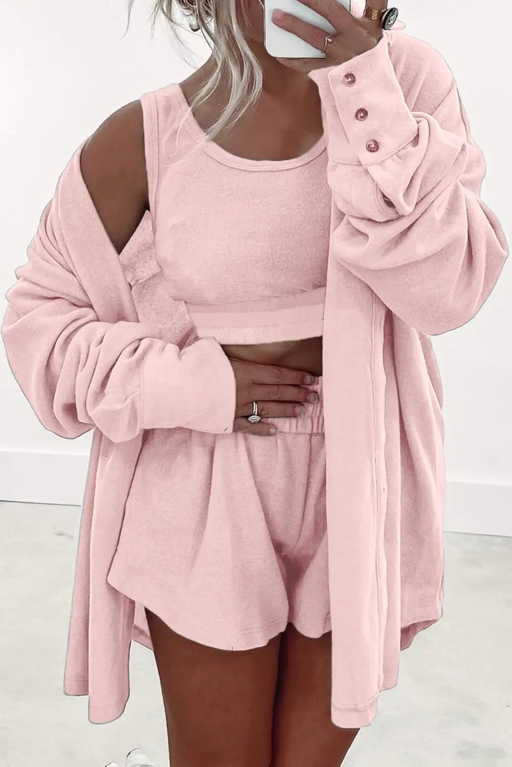 Grateful Threads Boutique The Cozy Confidence 3-Piece Lounge Set - Outfit Sets 3 pcs Crop Tank Top Shorts with Cardigan Lounge Set