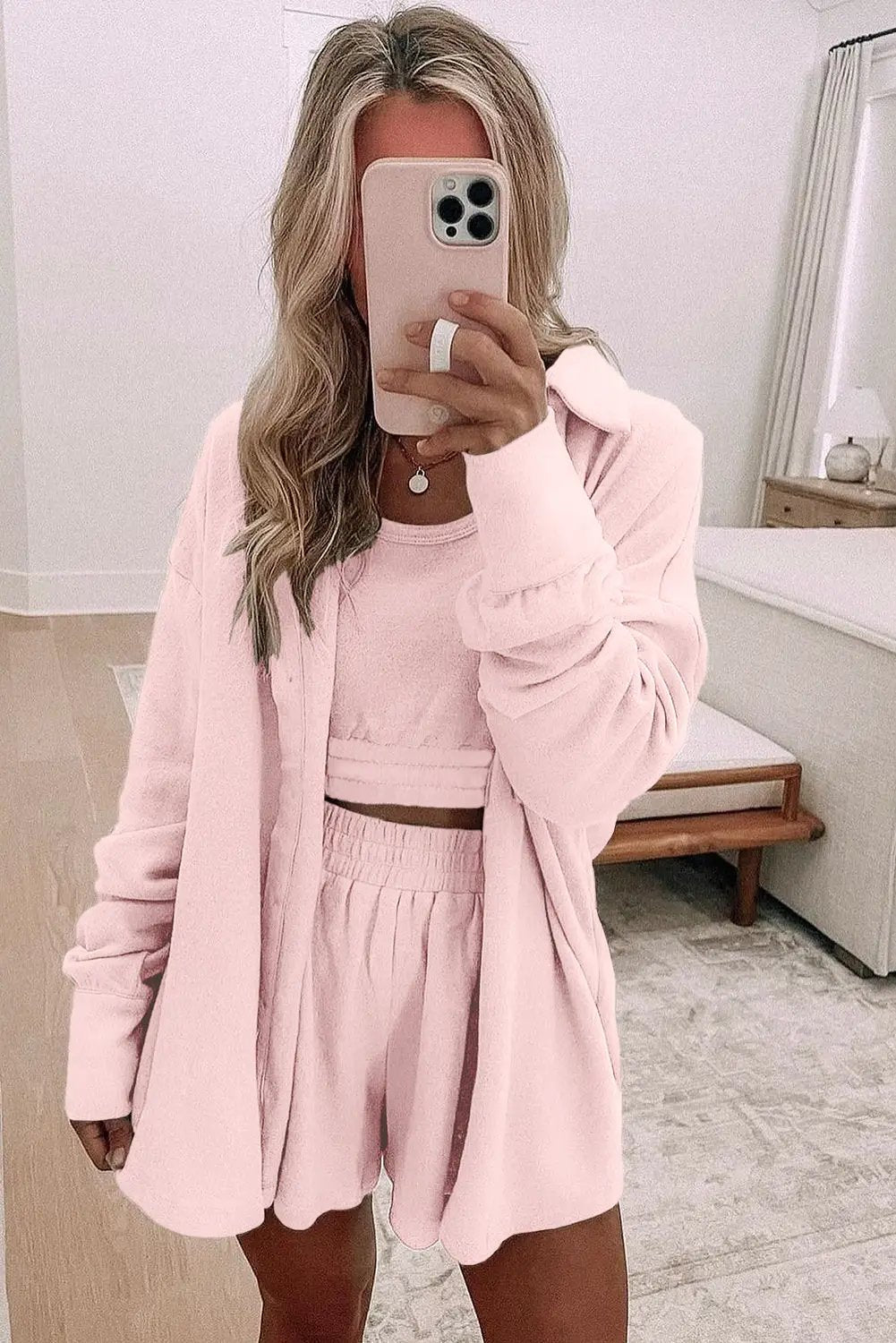 Grateful Threads Boutique The Cozy Confidence 3-Piece Lounge Set - Outfit Sets 3 pcs Crop Tank Top Shorts with Cardigan Lounge Set