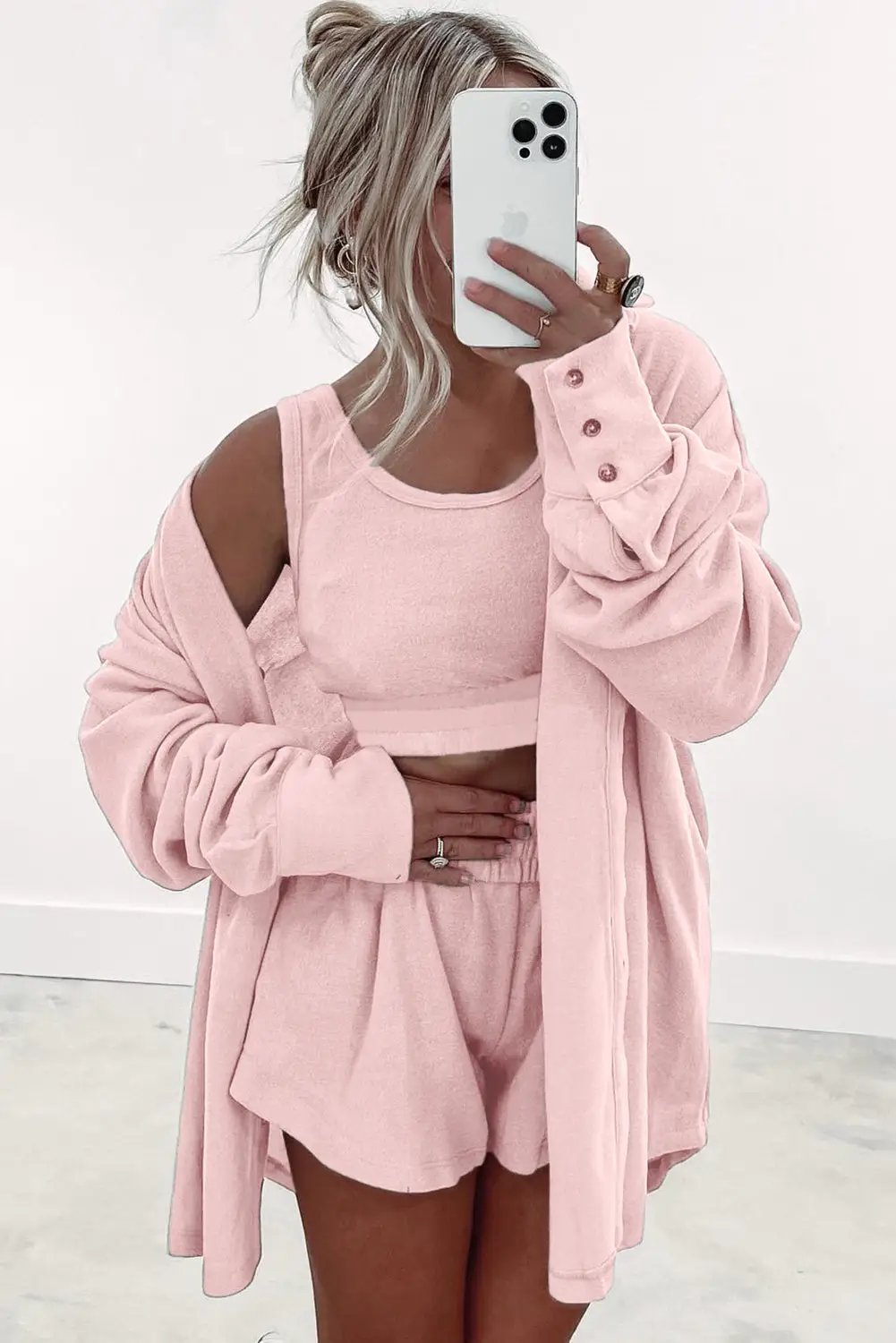 Grateful Threads Boutique The Cozy Confidence 3-Piece Lounge Set - Outfit Sets 3 pcs Crop Tank Top Shorts with Cardigan Lounge Set