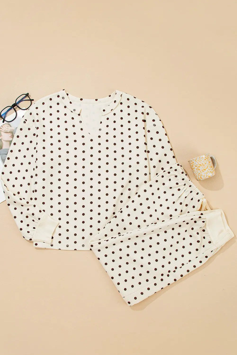 Grateful Threads Boutique White Polka Dot Print Notched Neck Long Sleeve Top Drawstring Pants Textured Lounge Set - Loungewear White Polka Dot Print Notched Neck Long Sleeve Top Drawstring Pants Textured Lounge Set