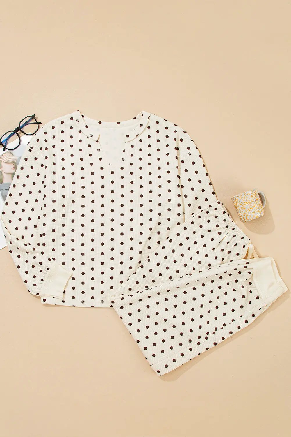 Grateful Threads Boutique White Polka Dot Print Notched Neck Long Sleeve Top Drawstring Pants Textured Lounge Set - Loungewear White Polka Dot Print Notched Neck Long Sleeve Top Drawstring Pants Textured Lounge Set