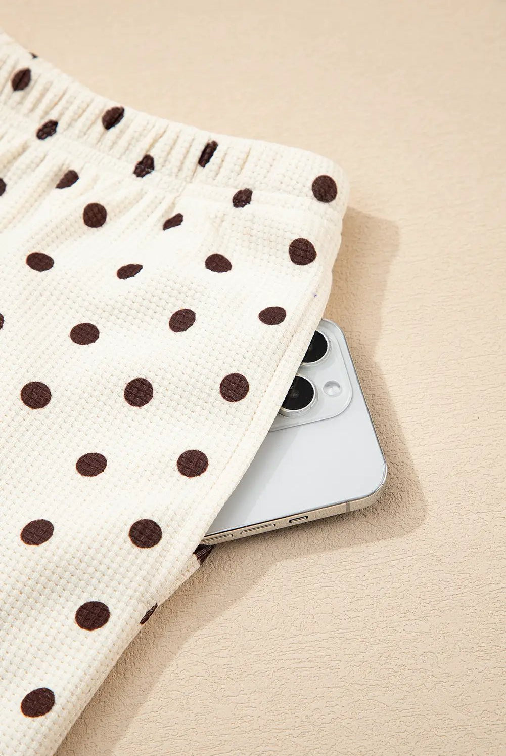 Grateful Threads Boutique White Polka Dot Print Notched Neck Long Sleeve Top Drawstring Pants Textured Lounge Set - Loungewear White Polka Dot Print Notched Neck Long Sleeve Top Drawstring Pants Textured Lounge Set