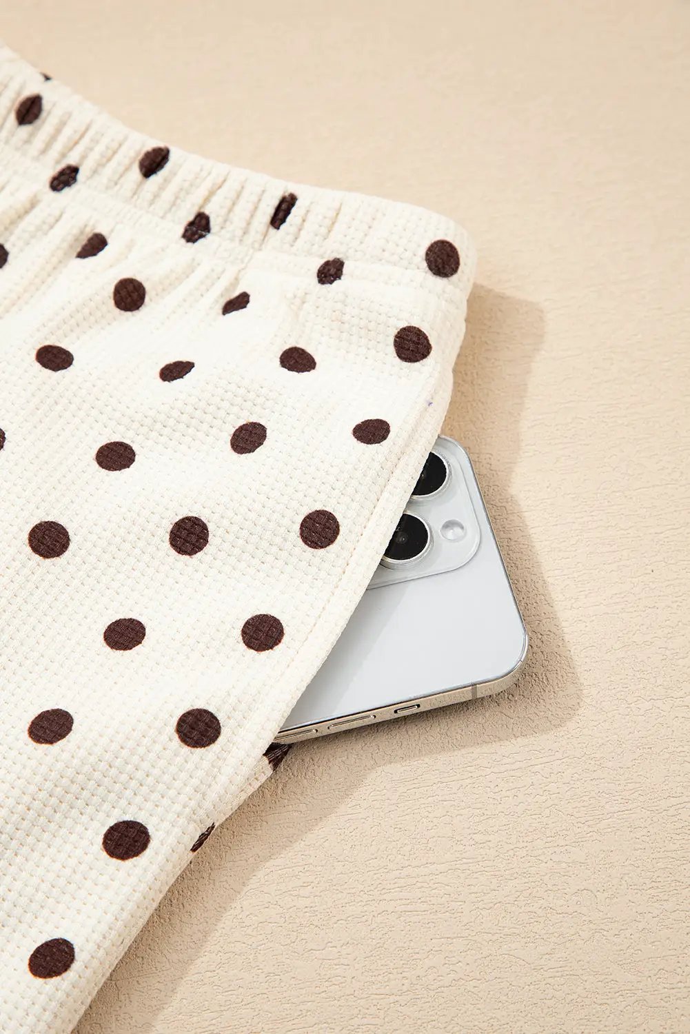 Grateful Threads Boutique White Polka Dot Print Notched Neck Long Sleeve Top Drawstring Pants Textured Lounge Set - Loungewear White Polka Dot Print Notched Neck Long Sleeve Top Drawstring Pants Textured Lounge Set